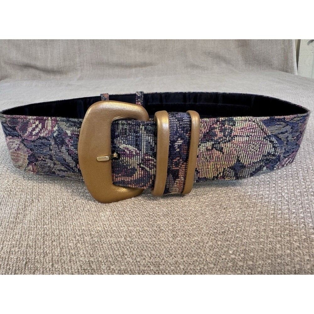 Vintage Ginnie Johansen Wide Floral Tapestry Belt Leather Buckle Sz S 534